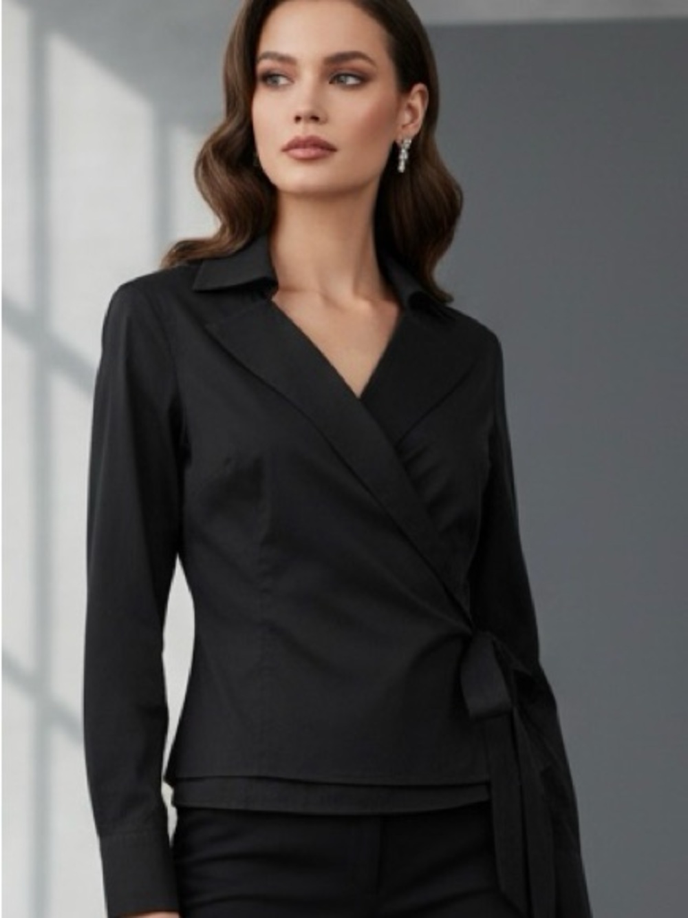 Sfera Black Cotton Wrap Blouse Long Sleeve Tie-Waist Top Size 36 (US 4/6)